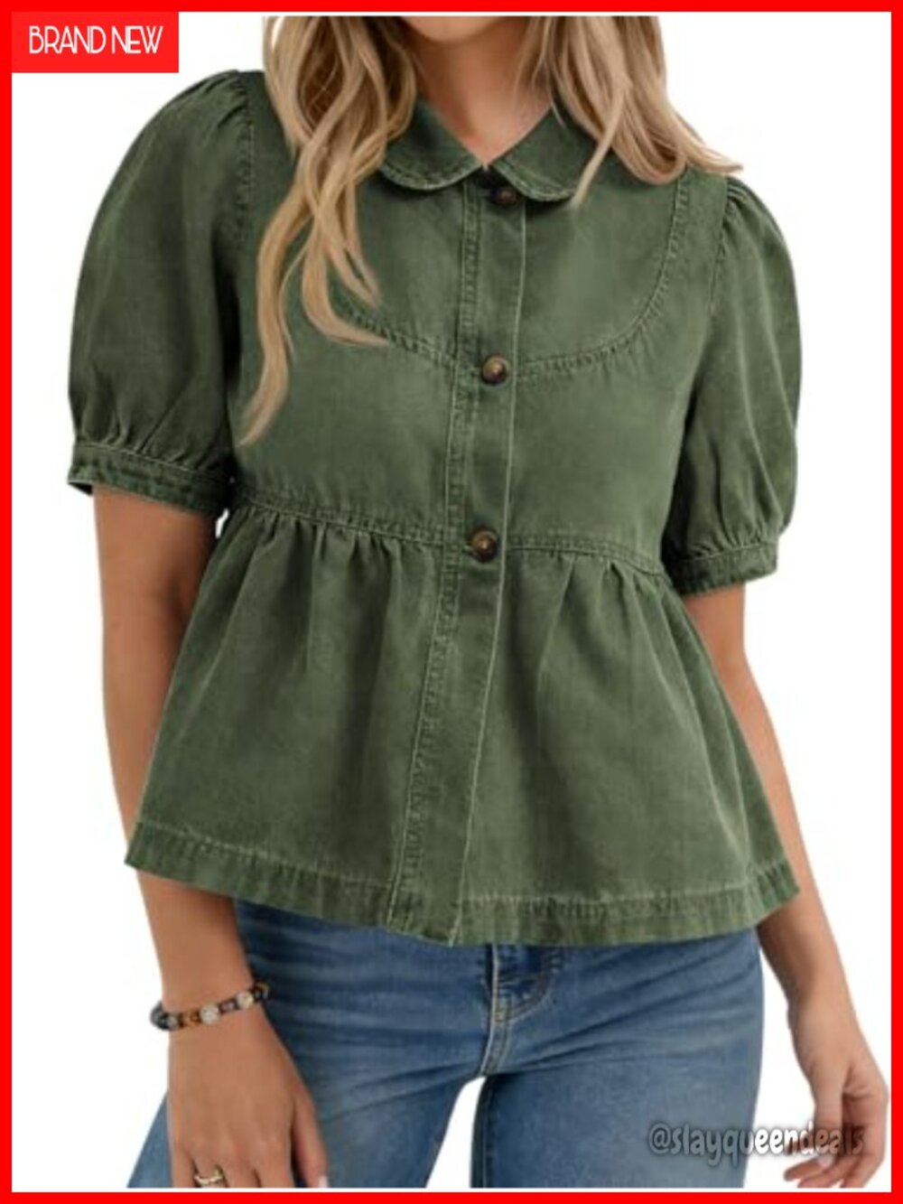 Women's Button Down Denim Shirt Short Puff Sleeve Peplum Babydoll Blouse